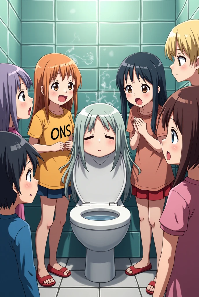 beautiful white slim girl, multiple girls, different hair colors, colorful t-shirts, unzipped shorts, no panties, bottomless, topless, pussy peek, pussy, pussy juice, pussy juice puddle, squirting, pee, peeing, pee puddle, pee stream, wet legs, pee on legs, urinating, orgasm, thigh strap, vibrators, full body, queue, female crowd, squatting, sitting, embarrassed, scared