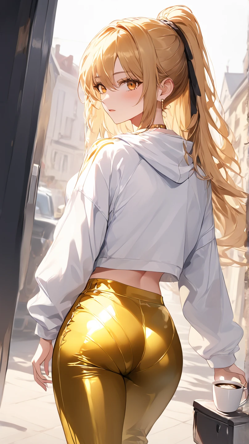 Chica anime rubia con 2 trenzas,ojos amarillos,yellow sweater and white pants with big buttocks