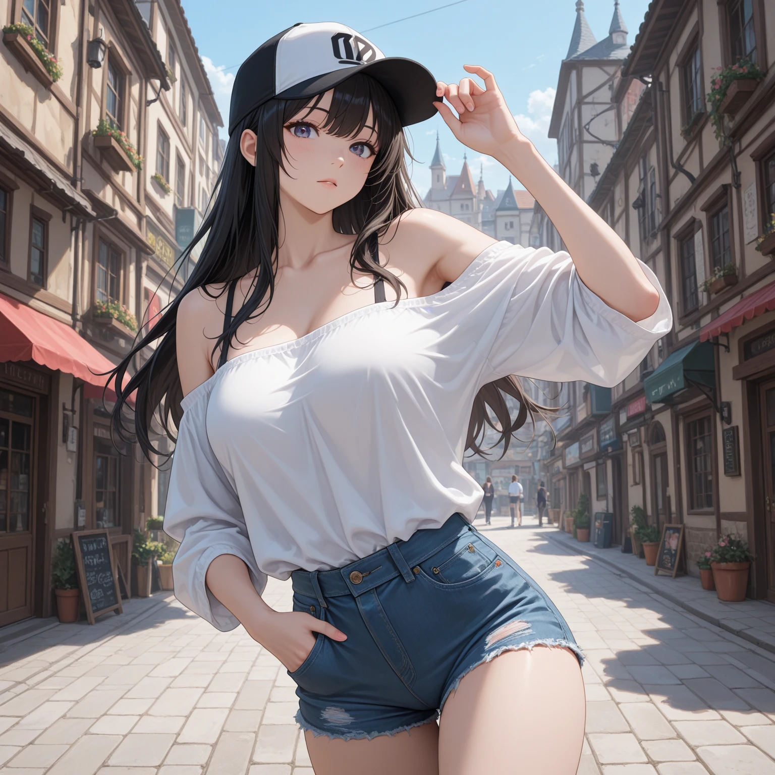(masterpiece, best quality, ultra-detailed, 8k, wallpaper, photorealistic), (wide shot), beautiful girl, voluptuous body, perfect hands, (hmjy1), long hair, (blunt bangs), red eyes, psycho smile, excited smile, open mouth, erotic face, red face, bloodthirsty smile, (wear High-Waisted Denim Shorts, Crop Top), Espadrille Wedges, Layered Necklaces, Crossbody Bag, Sunglasses on her head