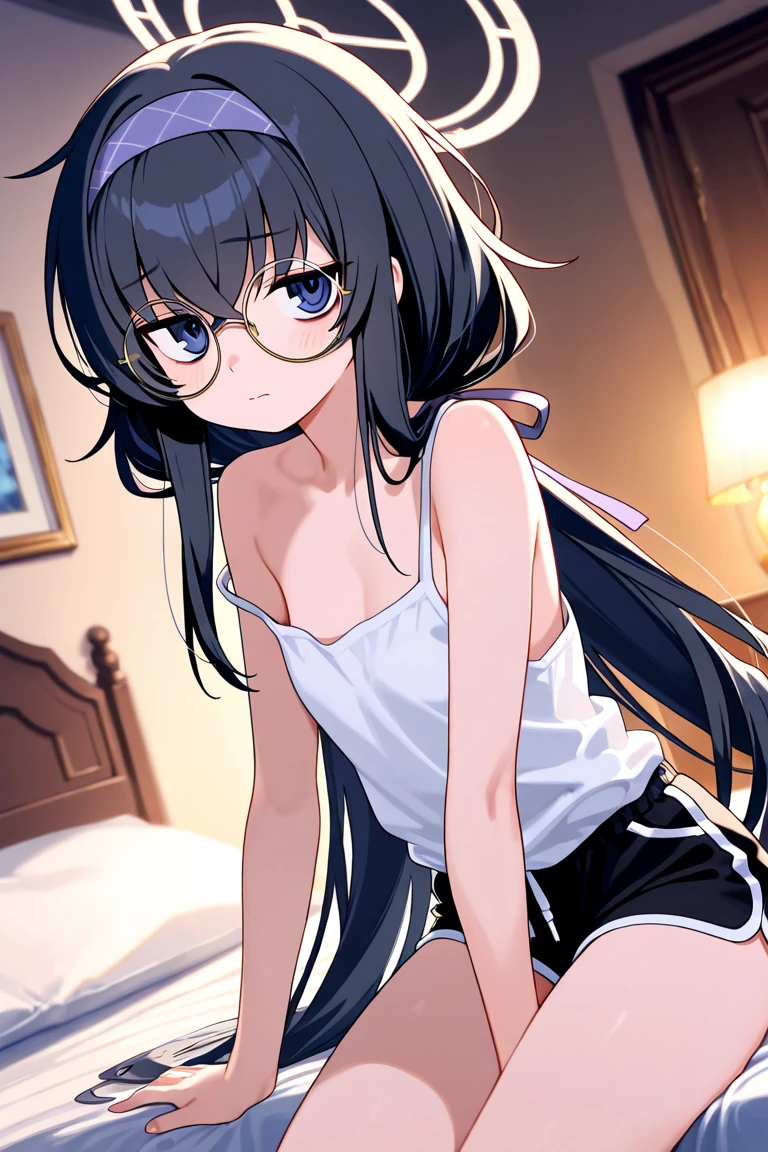 Composition from the back of the model, Illustration of a beautiful early teens girl with long, straight black hair and glasses putting on a Light-Pink color bra for the first time, composed from the back of the model, trying to fasten the hook of the Light-Pink bra with her hands behind her back.