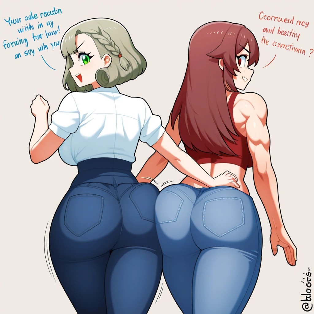 there is a woman's butt, insanely inflated hips, thick smooth thighs, thicc, thick smooth legs, curvy body, huge body, thick legs, gray hair, curves spilling out of clothes, gray jeans, shirt, short hair