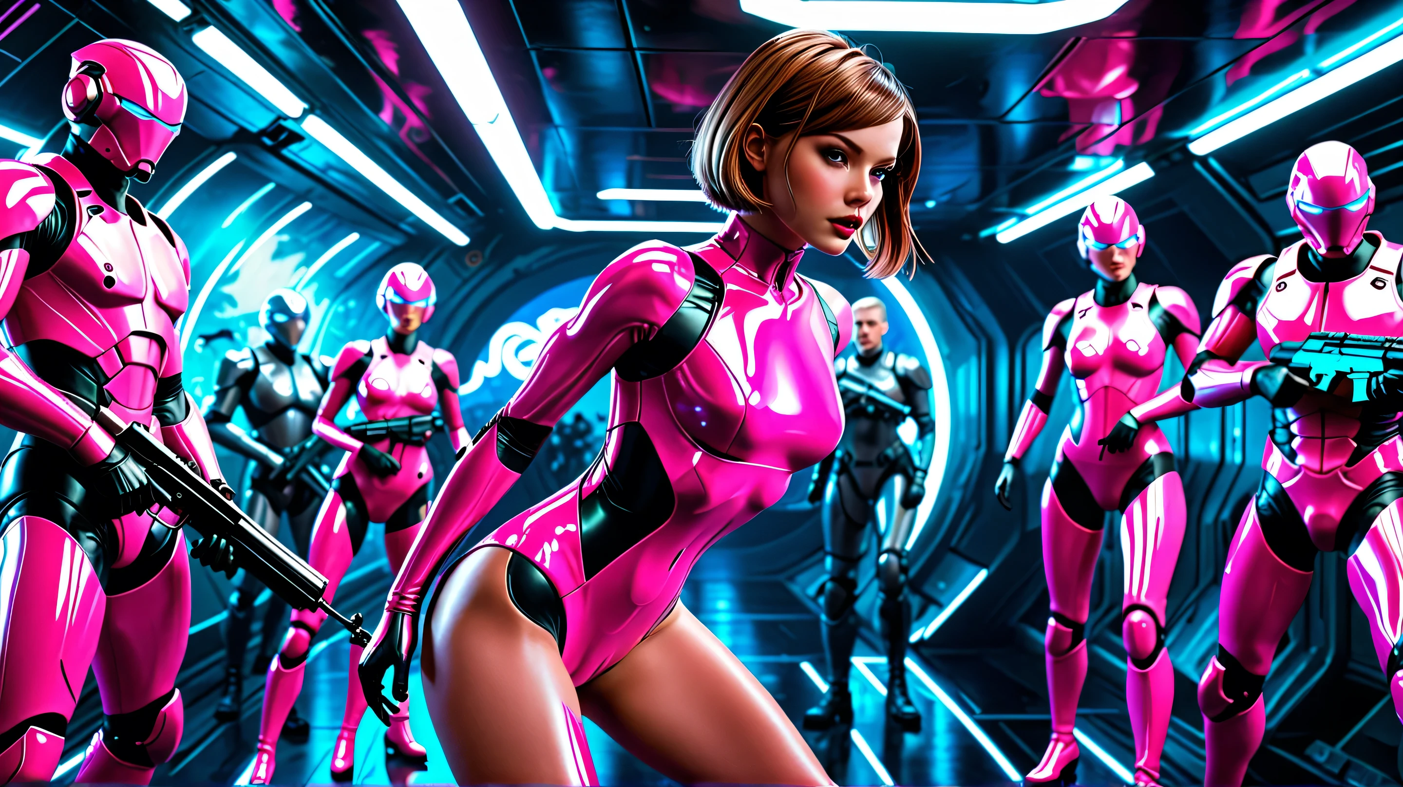 3r person view from back, llustrated by Jeffrey Scott Campbell, action fight firing, unreal engine, timesplitters, by Jeffrey Scott Campbell, full - body cyborg woman in a pink, metallic bodysuit, small breasts: 1. 5, very shiny, very smooth, in a spaceship,two steps ahead of a row of other soldiers standing line behind him, hyperrealistic, extremely high - resolution details, photographic, realism pushed to extreme, fine texture, incredibly lifelike SeaArt Infinity LoRA WOW Flux Detail and Aesthetics 1024 x 1536px ilya kuvshinov style. neon move effect, BEST QUALITY, MASTERPIECE, Canon, 4K