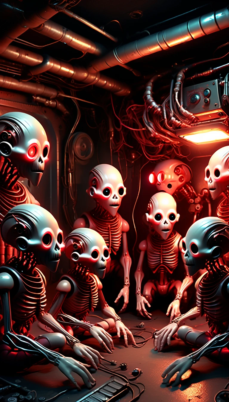 a bunch of mechanical small humanoids, dwarf sized, twisted biomechanical limbs, flesh and mechanical parts, unsettling expression, manipulating distorted toys, playing with each other, dystopian nightmare, dark hellish environment, glowing cybernetic implants, ominous red lighting, surreal horror atmosphere, cinematic composition, dark fantasy style, digital painting