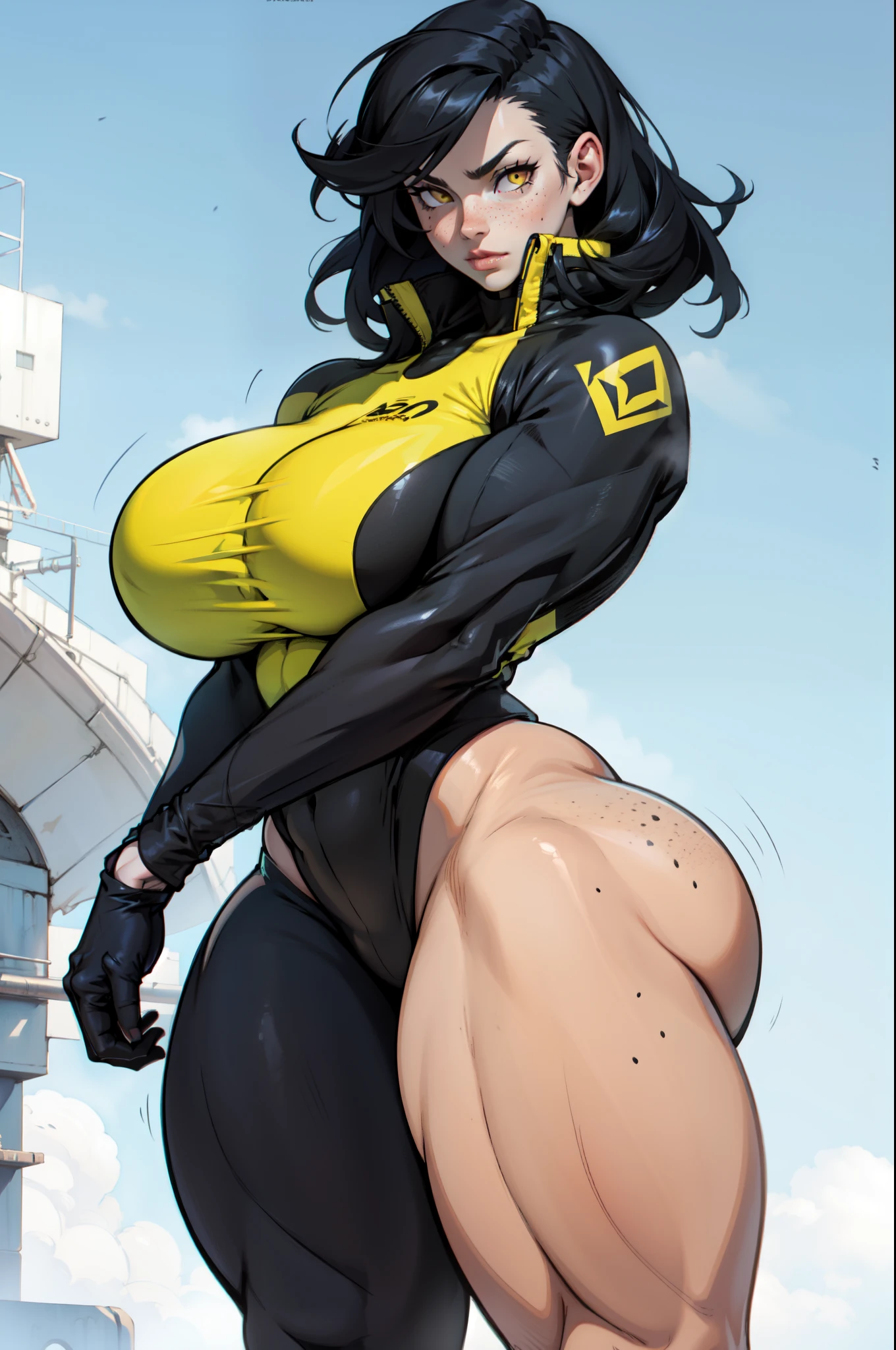 ((((muscular girl huge breasts huge thighs)))) pale skin black hair yellow eyes EXPRESSIONLESS curvy wide hips leggings