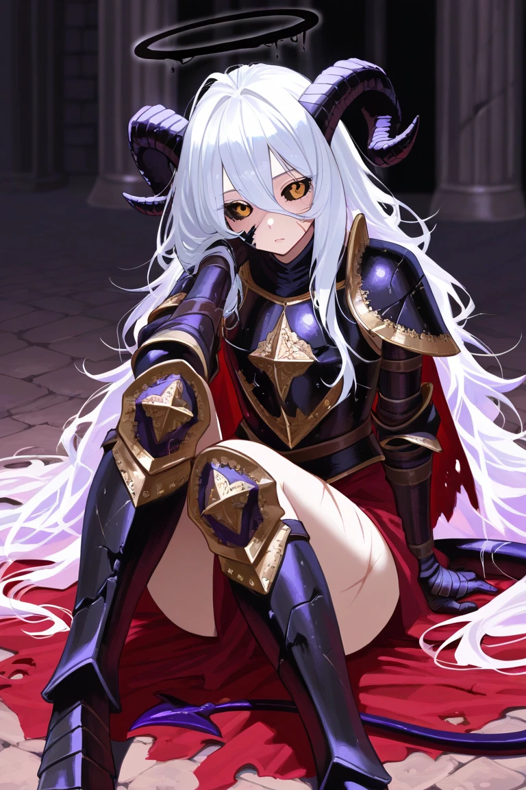 dark skin, (masterpiece, best quality), intricate details, 1girl, 1girl, earrings, facial mark, fangs, long hair, looking at viewer, open mouth, pointy ears, ponytail, white hair, red eyes, solo, blood, carcha, facial tattoo, facing viewer,glowing eyes,looking at viewer, devil horns, tied up slave, medieval slave market background, black and gold armor, tied to wall, chains, manacles, detailed chains, kneeling, kneeling on mat