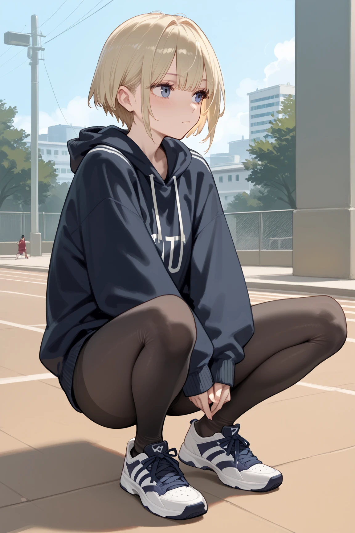 best quality, masterpiece, small breasts, smile, sweatshirt, leggings, outdoors, anime style, grass field, daytime, blue sky, blue eyes, detailed eyes, medium hair, blonde hair, loose hair, bangs, lying down,