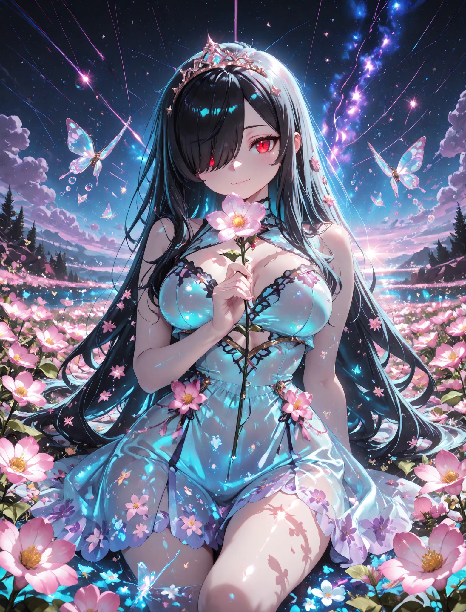 1girl, Kuroki Monika, black hair, very long hair, hair over right eye, red eyes, large breasts, (petite but curvy, very cute),

, floating in a sea of stars, long flowing hair shimmering like moonlight, glowing galaxy eyes, wearing an ethereal translucent kimono made of constellations and nebula dust, surrounded by magical butterflies of light, soft ambient glow, bioluminescent particles, star trails swirling around her, peaceful expression, cinematic lighting, dreamy color palette, ultra-detailed face and hair, masterpiece, 8k, artstation, beautiful face, beautiful eyes, beautiful hair, best quality, look at viewers, (floral tiara), ((blooming flowers)), ultra detailed, perfect light, , purple world, misty, bubble, fantasy, transparent jewel, transparent crystal, light, glow, shine, shining, holding flower, dynamic pose, dynamic shot