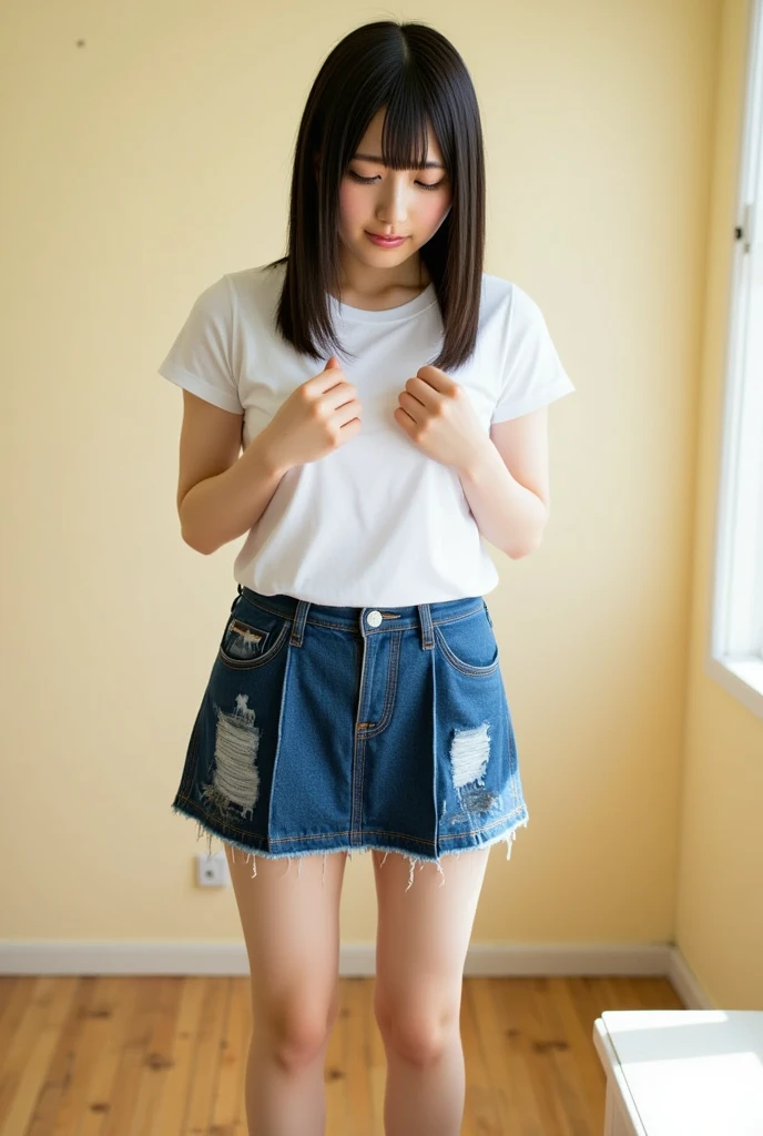 cool beauty,see-through white shirt,distressed denim mini skirt,black hair,Wet day,Under the eaves of a Japanese house,seducing,B cup,face with straight nose,20-year-old,wet hair,sad look,skin wet from the rain,nipples are transparent,