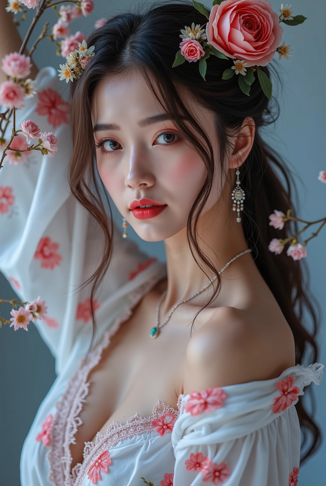 The sweetness in her mouth, the lightness in her body, she is a beautiful and untouched beautiful beautiful flower, goddess who descended from heaven. Her passionate and attractive dress fits her body like a thin shawl, gorgeous and Charms, her gorgeous body shapes, Olfactory , and sexy, masterpiece, better quality, high quality, intricate details, clearly, 8k resolution , uhd, ray tracing, super quality, whole body, Fantasy style, This passion, this is a sexy, just sex, divine beauty, Unearthly, just Stunning, mystery girl,