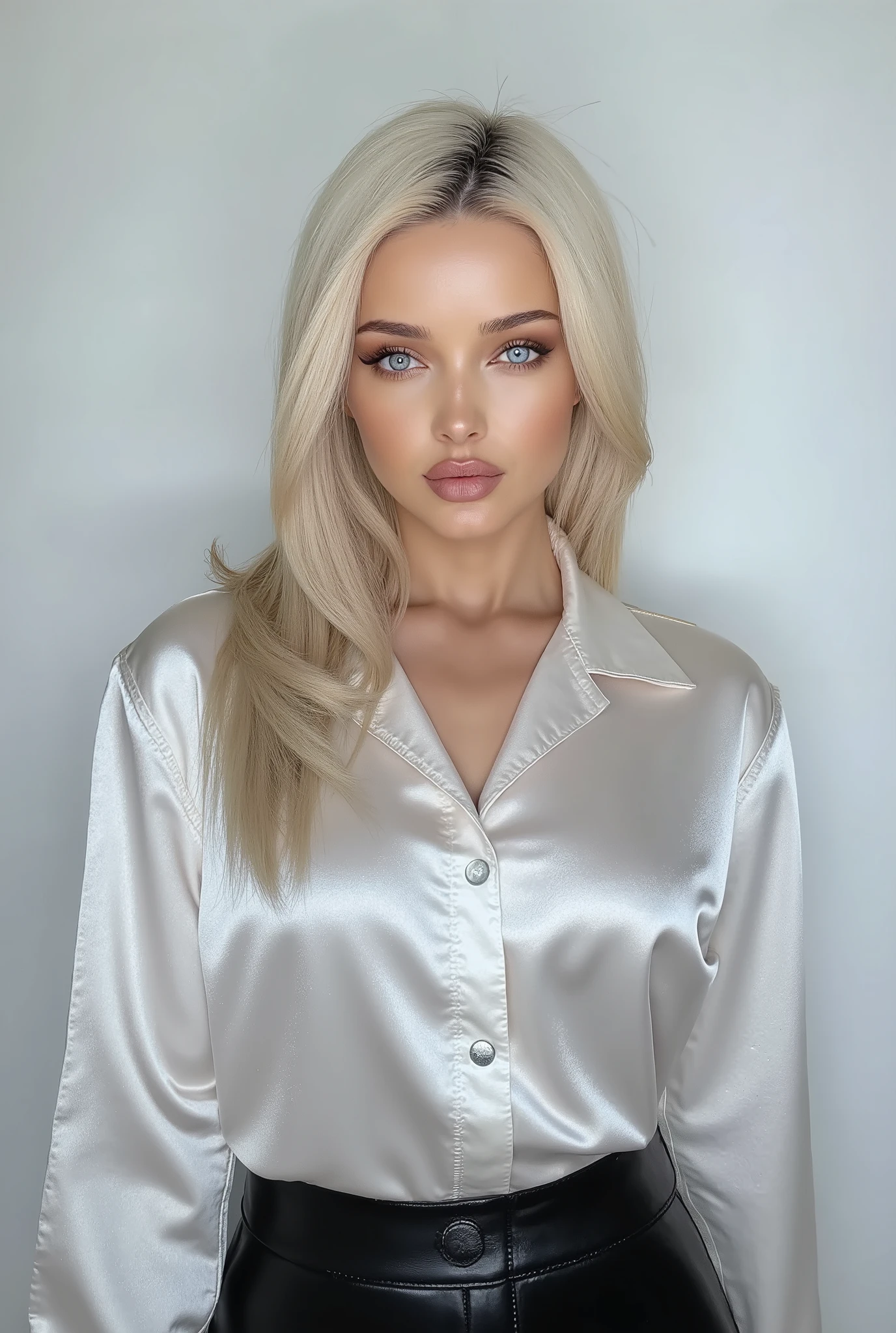 Mariyan Pashaeva, blonde instagram model with a shiny white satin button down shirt, black leather pants, solid white background