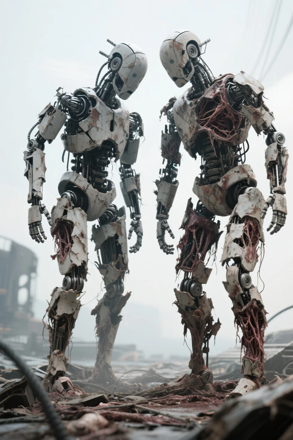 A full-length figure of a cool girl wearing a detailed mechanical armored suit. Exposed wiring, lots of cords and tubes connecting to the system.