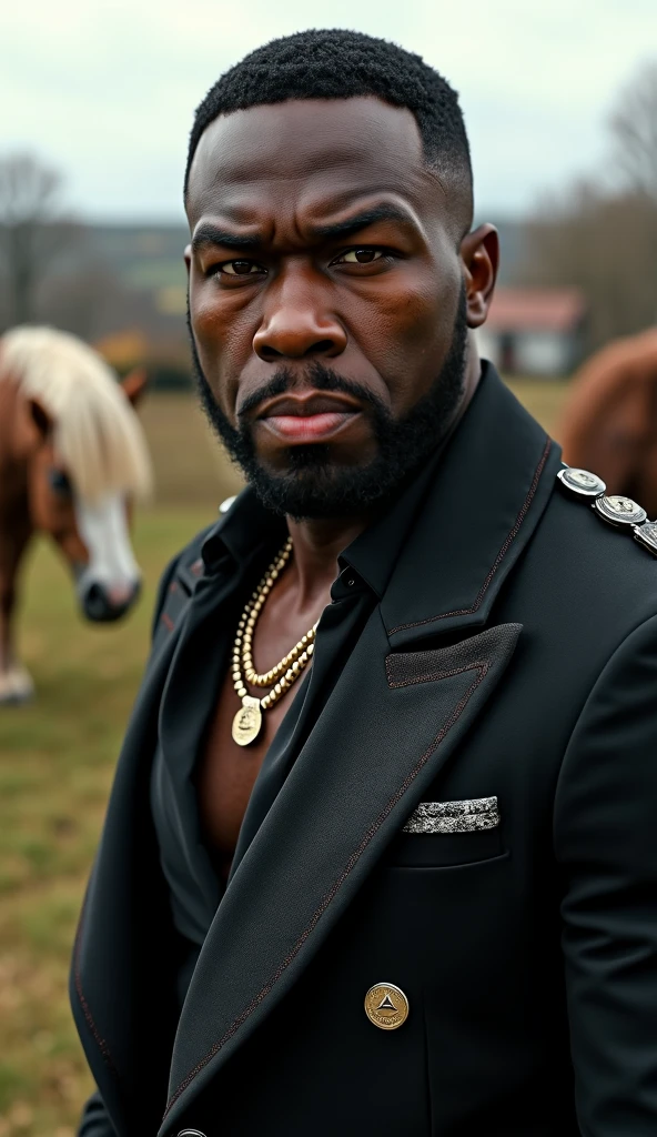 Create an image of a black man with a gold chain around his neck with a pendant that says “Play for the troops”. 