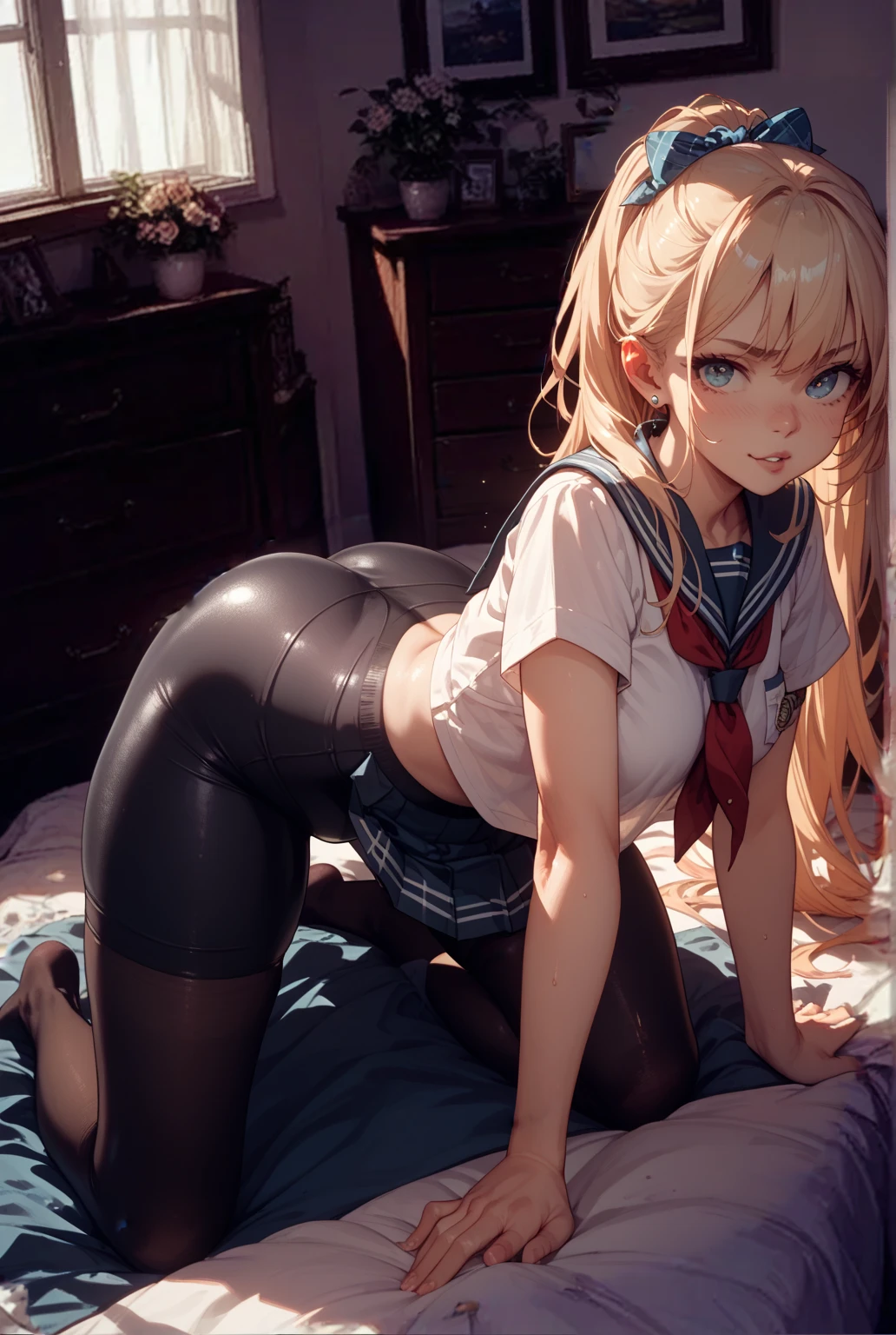 ((best quality)), ((masterpiece)), (detailed), japanese girl, gyaru, blond knee height straight hair, big breast, long legs, tall, 17 years old, , sexy, standing in bedroom, black kneesocks, no shoes, bueatyfull face, cat tail and ears, , low angle of camera, ahegao face