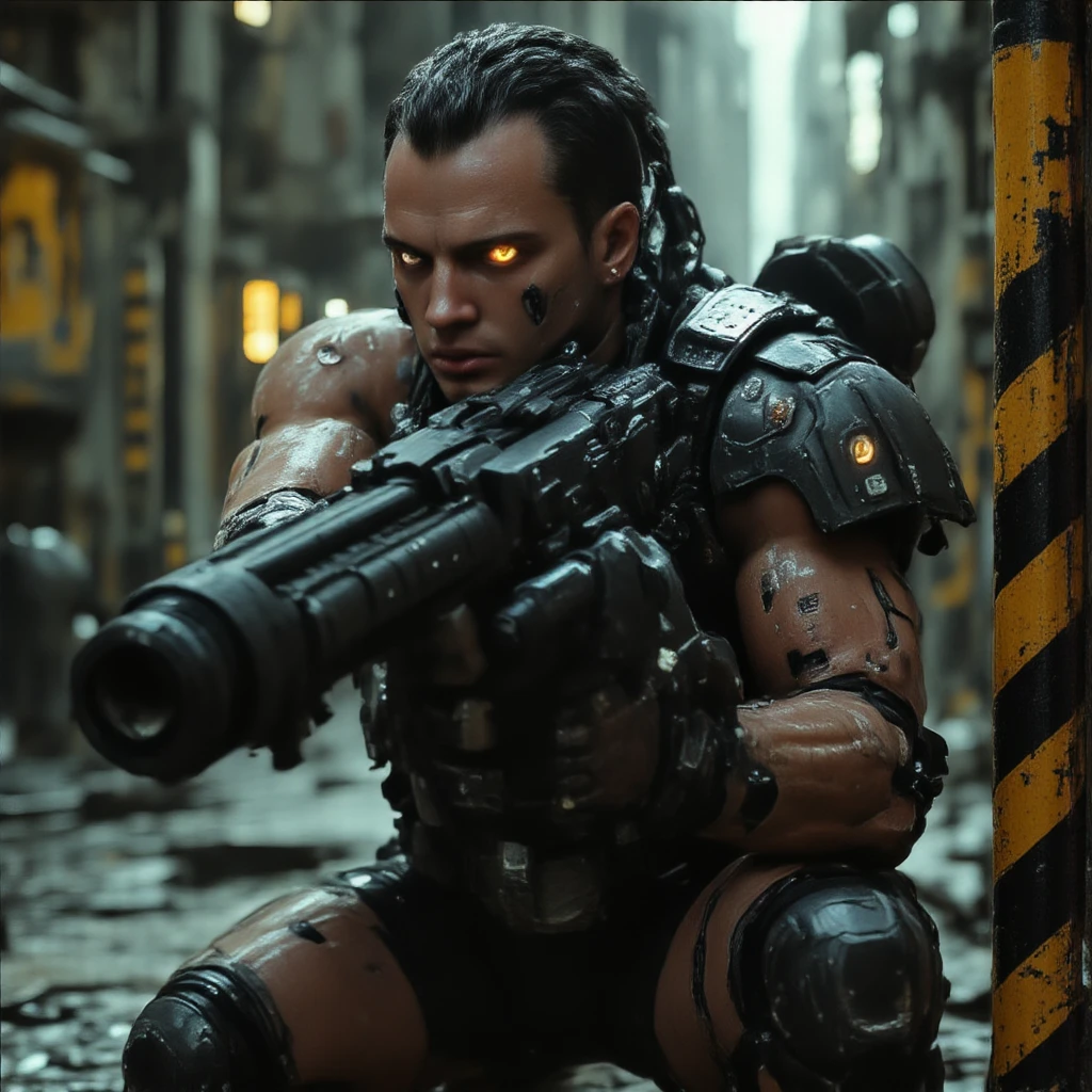 a heavily wounded t800 cyborg walking through a ruined city at night, close up, photorealistic, realistic, dark, horror, frightening, glowing red eyes, t800, cyborg, sky, smoke, buildings