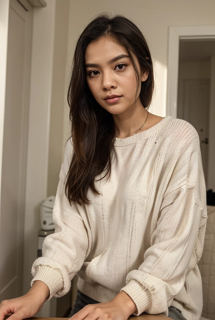 Ultra-high resolution,realistic,masterpiecedetails,ultra detailed,portrait,young,beautiful,labanese,girl,20 years old,big eyes,detailed facial features,long eyelashes,sharp beautiful nose,wavy black hair,natural makeup,fashionable attire,fit body,vivid colors,soft lighting,warm tones,rich skin texture,subtle shadows,natural environment,(Wearing Black and Grey Color Staud Shoko Sweater),(pose,Standing with one leg in front of the other),(background white color wall),(model photoshoot)