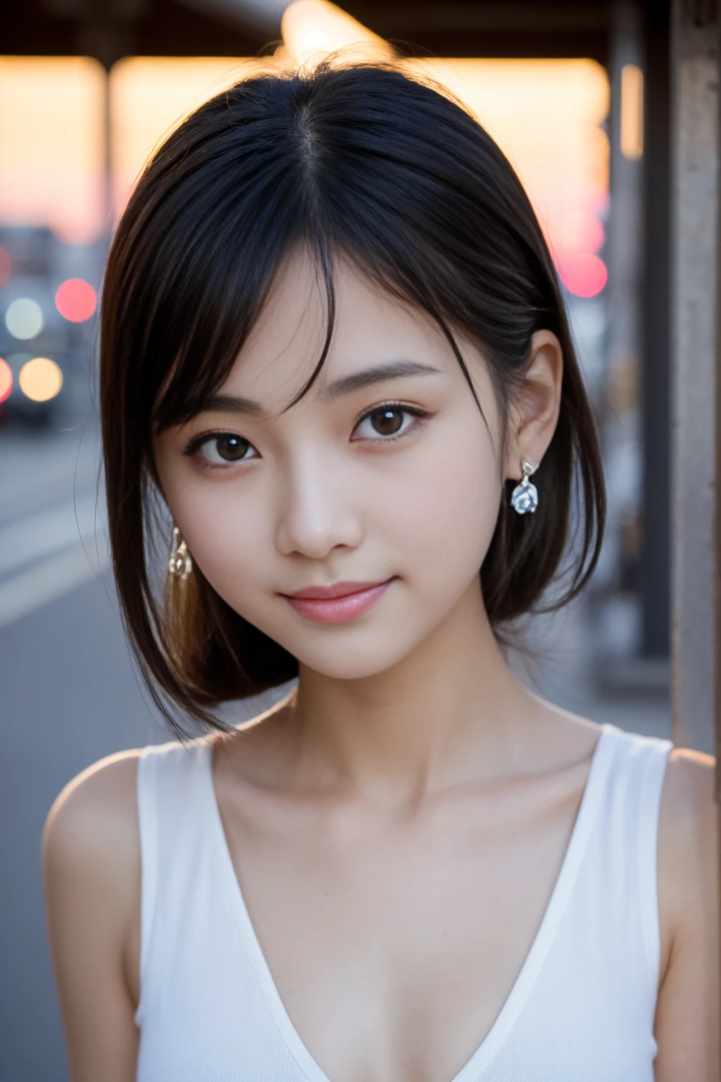 (masterpiece)、(highest quality:1.5)、(16k wallpaper:1.2)、(Photorealistic:1.2)、(Ultra-detailed:1.2)、(超A high resolution:1.2),(Surreal), (High resolution), (Very detailed), (Professional), (Realistic), (Post-processing), (Very detailed),(Sharp focus), Sharp focus:1.2,Photorealistic, Ultra-realistic, Backlight, Bright light, (Improvement of quality:1.4), Healthy thighs、Narrow waist、Big Ass、(Beautiful legs)、((Perfectly detailed five-fingered hands)),(Anatomically correct body)、((1 female:1.4))、Japanese、Asian、Realistic Skin、(Small chest:1.4),Pretty woman with perfect figure:1.4,(from the front:1.5), (Enhances the beauty of skin texture:1.1), (Beautiful fine details), (Detailed face),Beautiful realistic face,No makeup、美しいBlack Hair、Super Beauty、The best smile、Natural color lip、Even bangs、Hide eyebrows with bangs、((29-year-old woman))、Bob Hair、Hair blowing in the wind, (Black Hair, Iris, Watery eyes, Shining Eyes, Short bob cut hair, Small earrings, Lightly reddish), Hair behind the ear、No makeup、(Drooping eyes)、Drooping eye corners、Professionalのカメラマンが撮影した写真,1 girl, I'm in a stylish cafe with lots of windows.、Half-length photo of a pretty and attractive woman ::3 trends, Showing off her perfect figure、Modern, form-fitting clothing ::2 Canon 6D Mark II 85mm Lens(f)Photos taken at/ 4 and ISO 100 ::3 Glamour Shot, Award-winning photo, Sharp focus, Dynamic Lighting ::1
