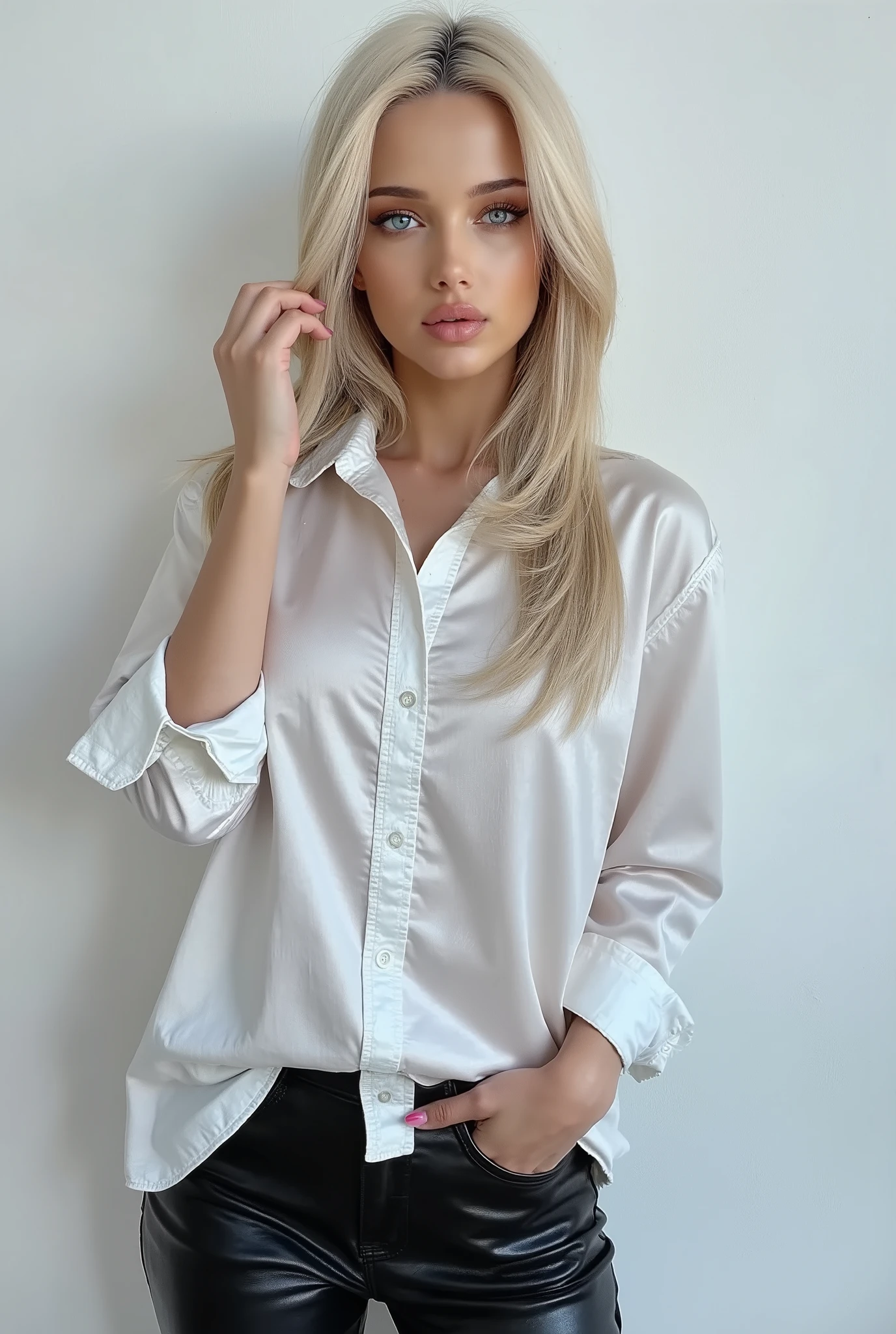 Mariyan Pashaeva, blonde instagram model with a shiny white satin button down shirt, black leather pants, solid white background