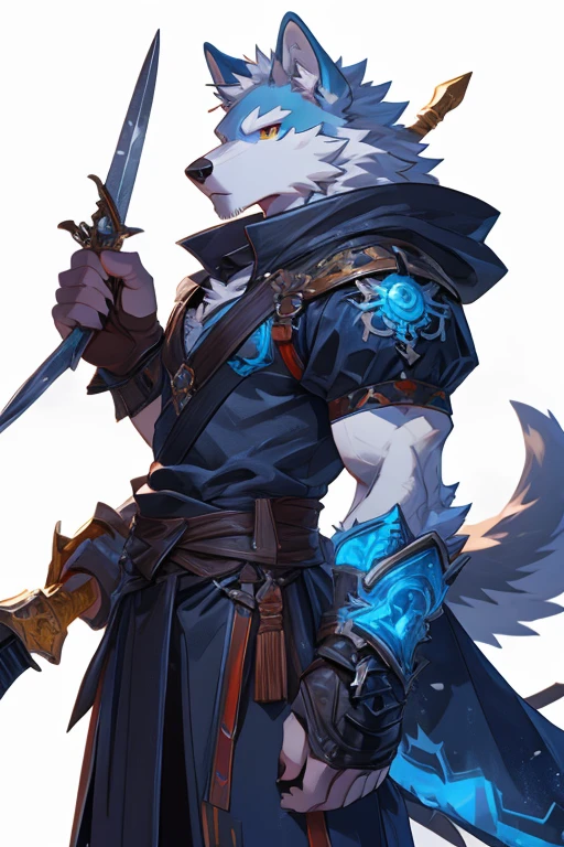 dark_place backgroundless light_blue fox anthro furry male gradation masked scythe_and_dagger blue_aura odd_eyes floating_soundwave alone body_exposure overall_view floating_letters Two-sword_style nsfw