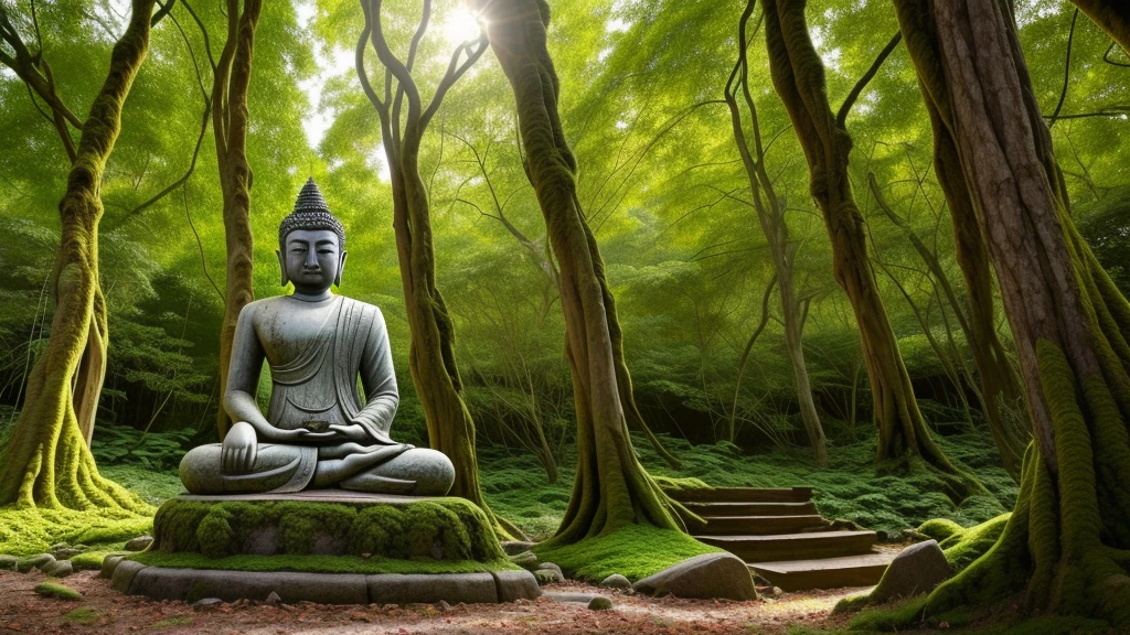 (Oil painting, huge moss-covered stone Buddha, ancient bronze tripod: 1.2, red candle), ginkgo leaves falling all over the sky, enshrined in the temple, majestic and full of mystery.
