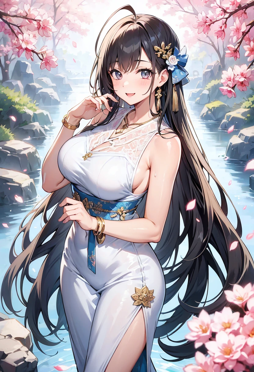 (Best Quality, 8k, Masterpiece :1.3), handsome young milf with perfect figure and long hair :1.4, Zhong Li, Zhongli, Dark brown hair, inflated chest, genshin impact, on ruins, in the hands of a spear, Very detailed face and skin, Detailed eyes, Double eyelid