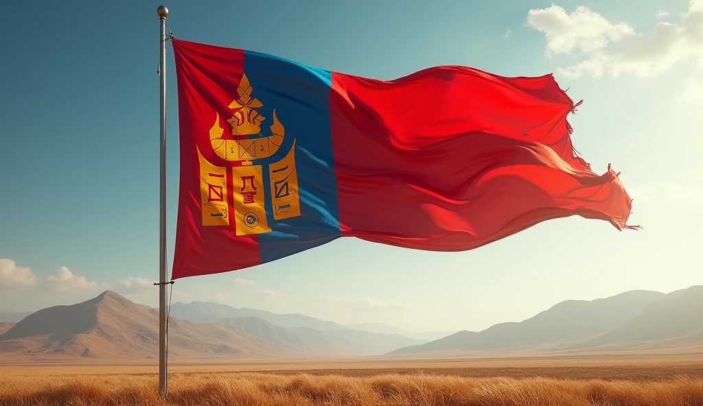 Generate an image of mongolian traditional flag waving at sunset