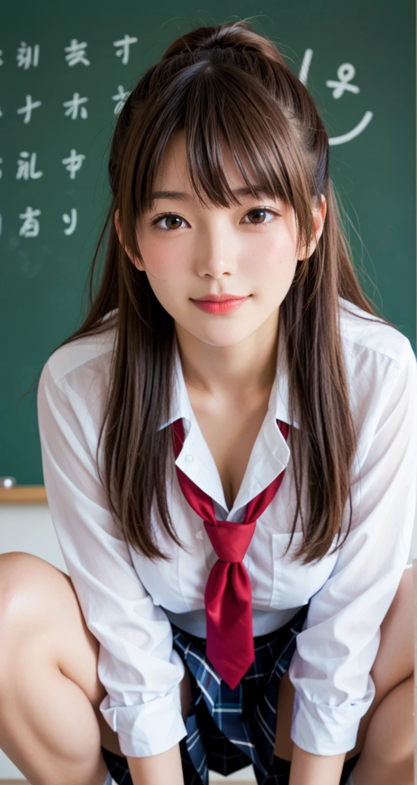masterpiece, best quality, illustration, ultra-detailed, finely detailed, high resolution, 8K wallpaper, perfect dynamic composition, beautiful detailed eyes, school uniform, medium hair, small breasts, studious pose, smile, looking at camera
