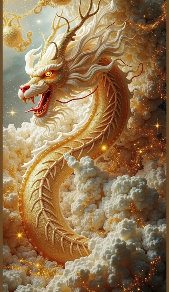 White Dragon，Above the Clouds，Fire and sun in the background、Golden Dragon、Silver Dragon、Close-up of face