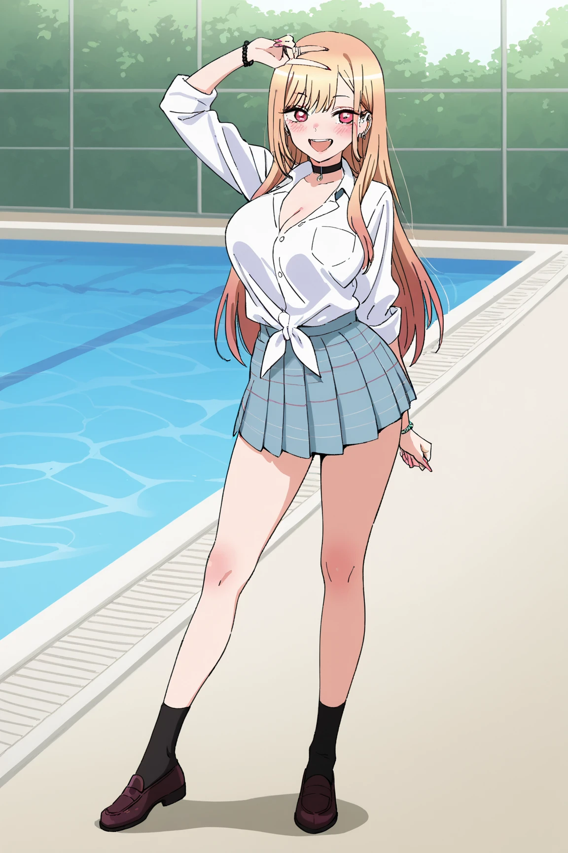 (masterpiece、Highest quality、In 8K、High resolution:1.2)、alone、One Girl、 Marin Kitagawa、Feeling embarrassed、blush、Purple Eyes、Look at the viewers、whole body、Navy blue swimsuit、Dark blue racing swimsuit、Glossy body、Wet body、Daytime、Poolside、Low - Angle