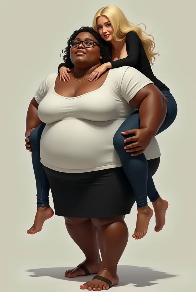 Create a realistic image of a young woman in her 20s, obese, with black and dark skin, with short hair, wearing a white shirt and black skirt and wearing prescription glasses, carrying on his shoulders in the air a young woman of 25 years of age, with light white skin, blonde hair long, slim body, wearing a tight black long-sleeved blouse with a low neckline and wearing jeans.