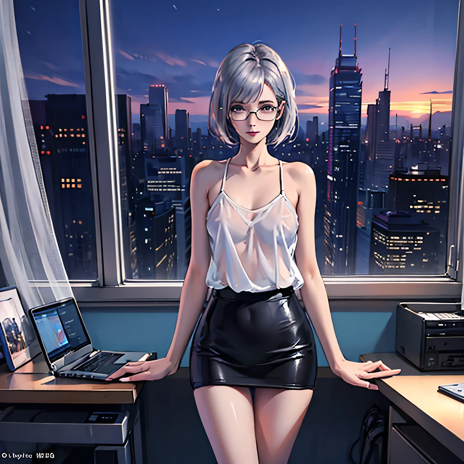 sweet expression, Kneeling, hands between legs, white glasses, short white hair, (8k, CRU photo, photorrealistic:1.25) ,( Lip gloss, eyelash, bright face, shining skin, best qualityer, super high resolution, Depth of field, Chromatic aberration, caustics, broad light, natural shadows, KPOP Idol) looking at the viewer with the serenity and happiness of a goddess, whole body, breasts big, white innerwear, blackstockings, sheer shirt, white shirt, secretary