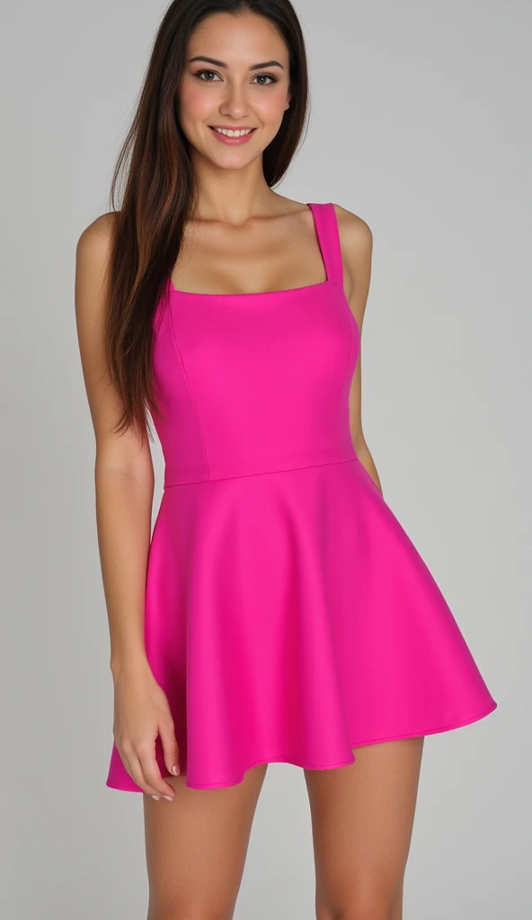  15-year-old girl in a short pink dress coming out of a Chevrolet car on a white background 