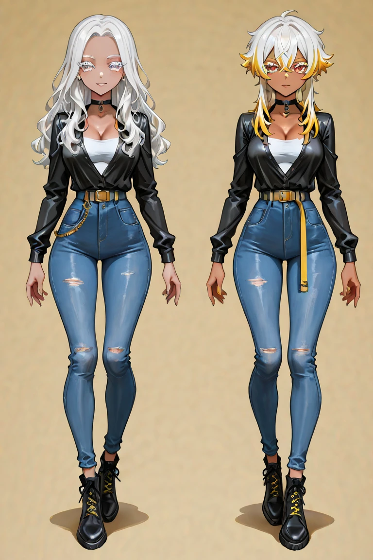 A silver-haired, dark-skinned woman in a black dress shirt and slim jeans with her legs apart　Belly button showing