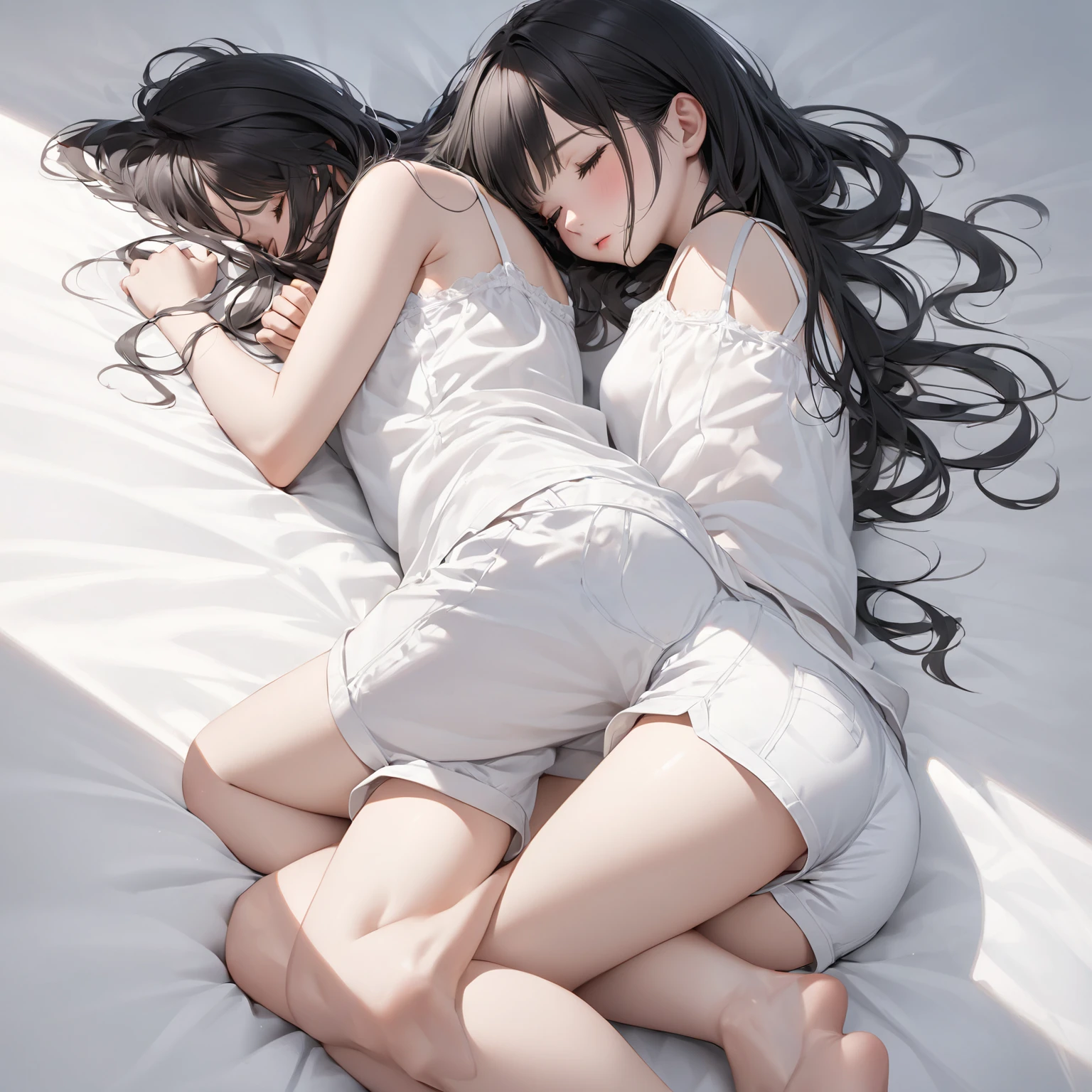 Girl asleep on a beautiful morning, has short comfortable clothes, black shorts and a white t-shirt 