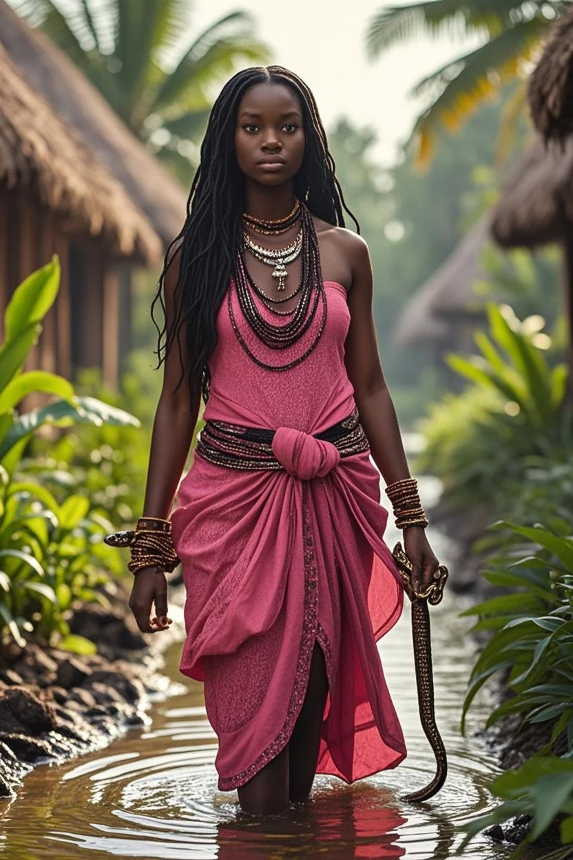 Black orisha warrior with curly hair holding a curved sword in her hand, wearing a hot pink dress in a creek in the woods