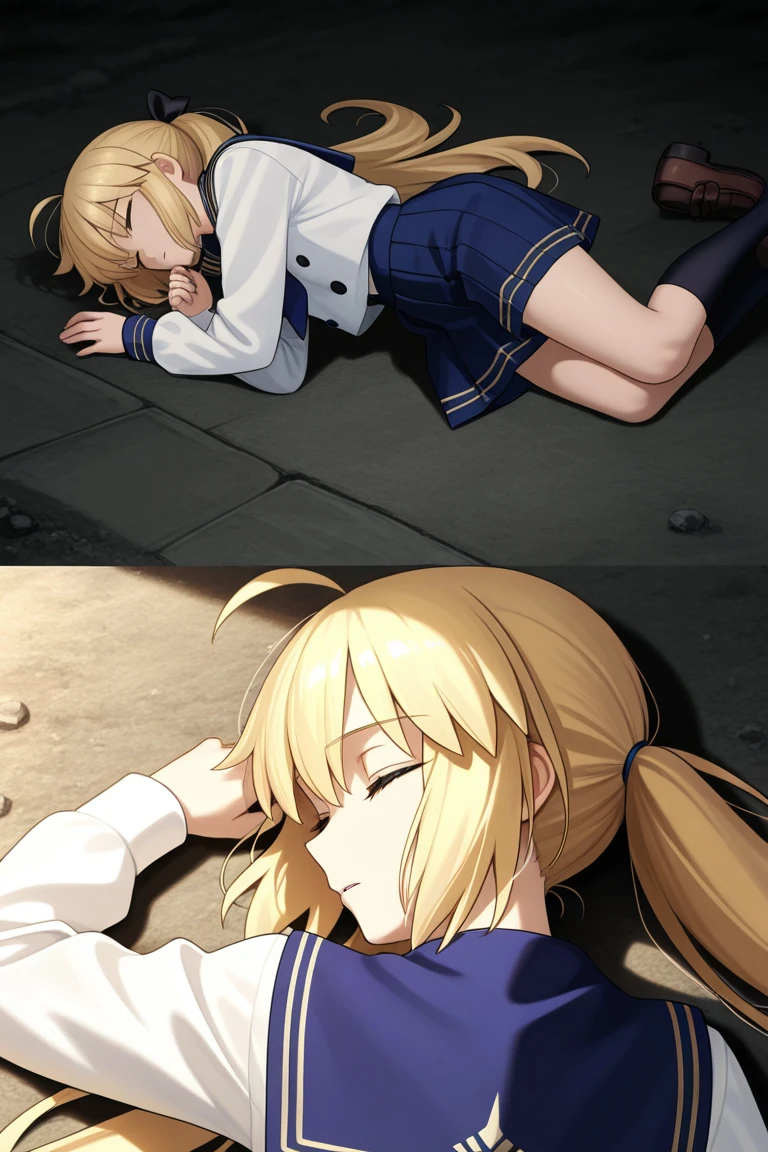 android_18, and18, 1girl,(masterpiece, best quality:1.2),full body,(and18:1.5),blonde hair, jewelry, earrings,short hair,(torn to pieces:1.3), belt, mini skirt, black pantyhose,messy hair,black gloves,large breasts, closed mouth, vest, long sleeves,, yamachapose, lying, on side, closed eyes,(inside a very long huge crater),scattered rubble,OC illustration,