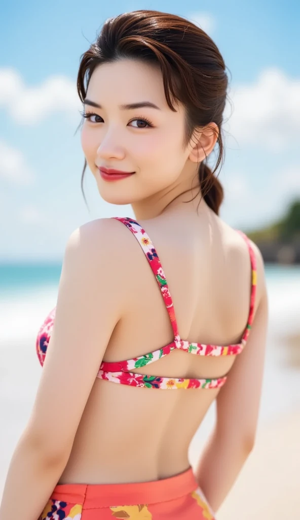 (Cinematic Aesthetic:1.4) Photo of a beautiful Japanese fashion model bokeh beach bikini