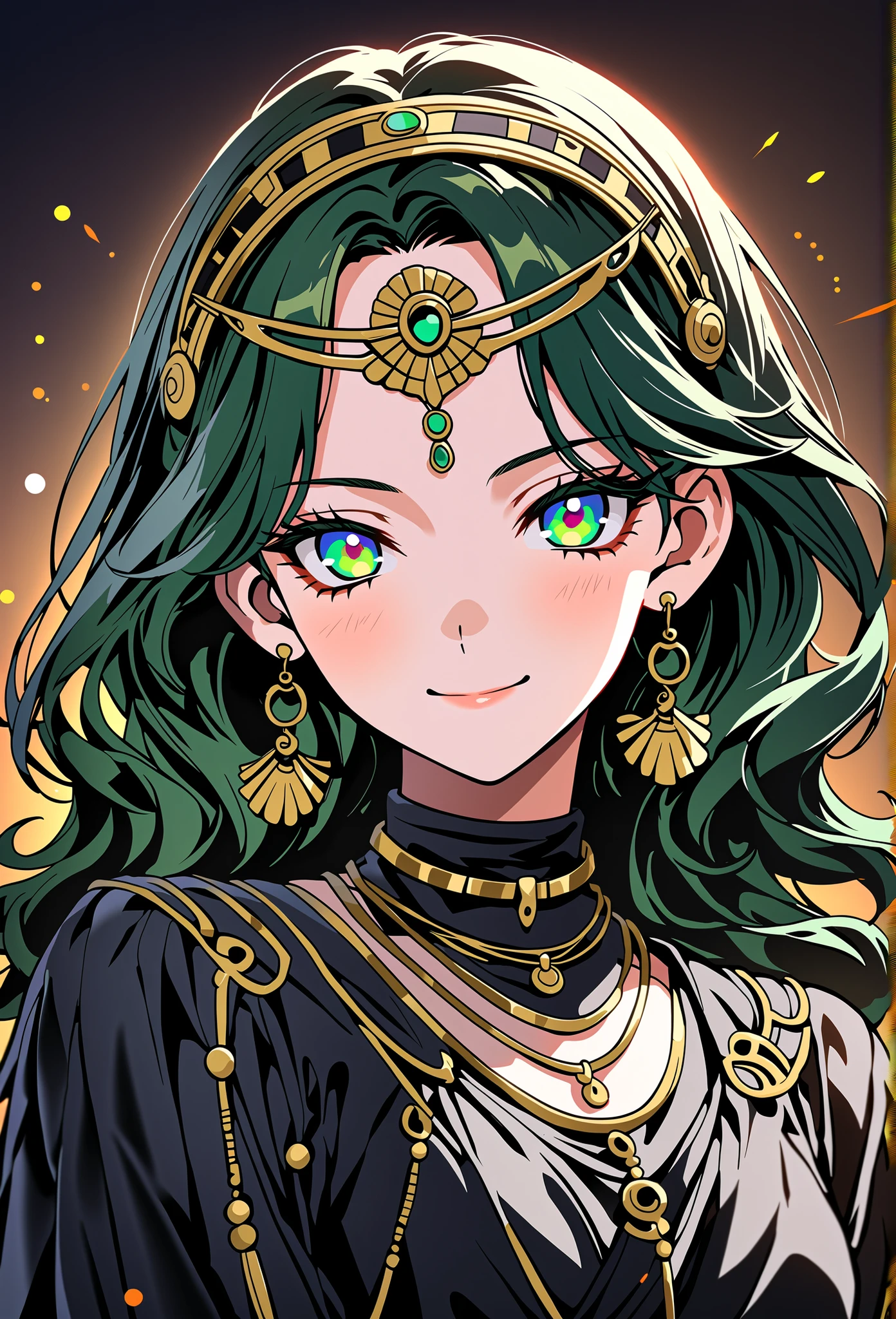 score_9, score_8_up, (masterpiece, top quality, best quality, official art, beautiful and aesthetic:1.2), (8k, best quality, masterpiece:1.2), (((masterpiece))), (((best quality))), (((extremely detailed))), illustration, (masterpiece, top quality, best quality, official art, beautiful and aesthetic:1.2), (8k, best quality, masterpiece:1.2), see-through, source_anime, 1girl, adult, ((green hair)), green hair, ((intimidant look)), ((close-up)), green eyes, black clothes, sexy, dark colors, brillant eyes, ((wavy hair)), perfect hands, ((intimidant look)), good anatomy, ((dark clothes)), emotionless, intimidant, ((beautiful eyes)), close up, ((detailed eyes)), beautiful eyes, ((detailed face)), frontal look, smile, detailed face, diadema, full body