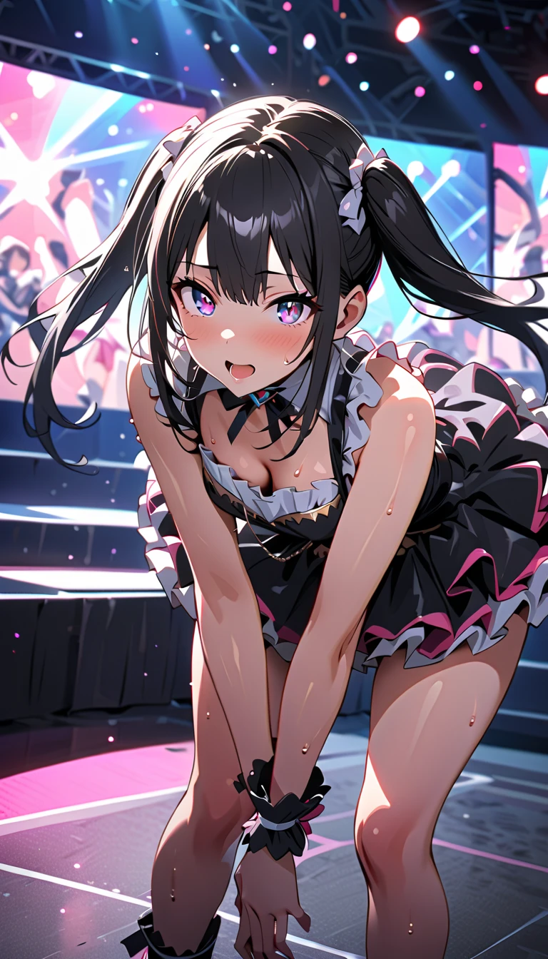 (((SHARP detail perfect face))), detailed skin, ((masterpiece)), best quality, (SHARP details), 8k, ((idol)), on stage, (neon lights), (super slutty and (colorful (idol clothes))), sweat, ((multiple girls)), idol group, (slutty thong), prostitution, concert, (audience pov), ((4 girls)), (((loose idol clothes))), ((multiple girls)), various haircolors,