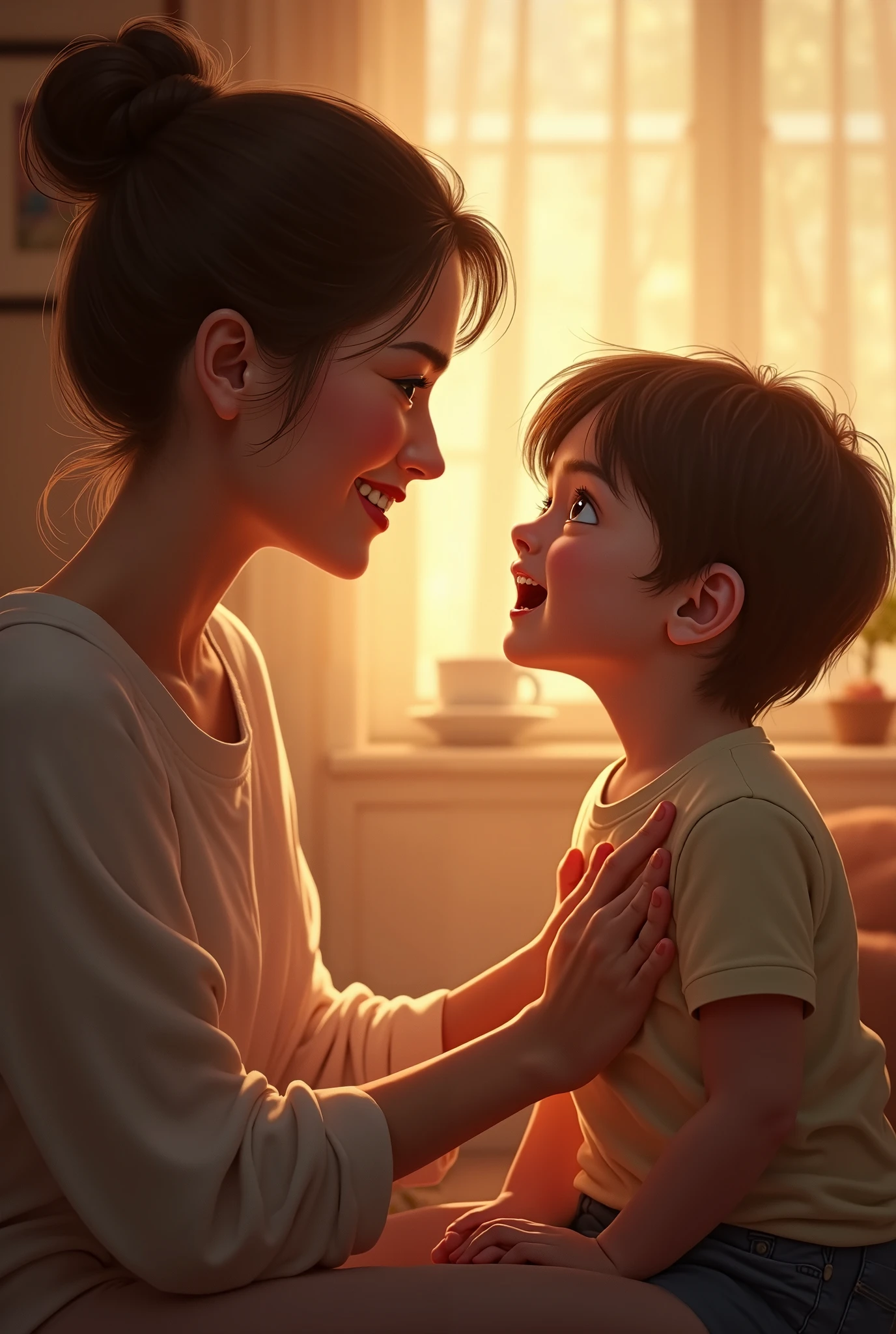 ছোট ছেলে তার মার সাথে কথা বলছে
