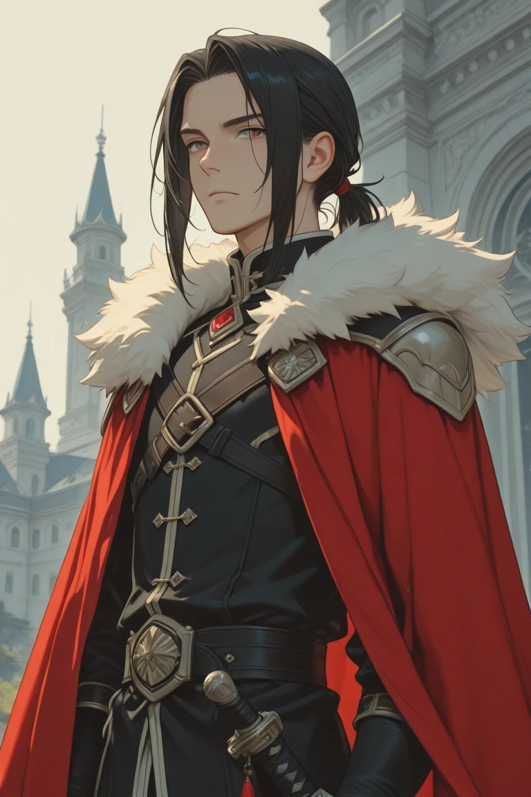 young man with light skin, Blue eyes, short black hair, slim build, gaze, Traveler's clothing, medieval fashion, Middle Ages, of the demon-arm, fashion 1800, snowy mountains, snow, winter, cold, Best quality, fantasy