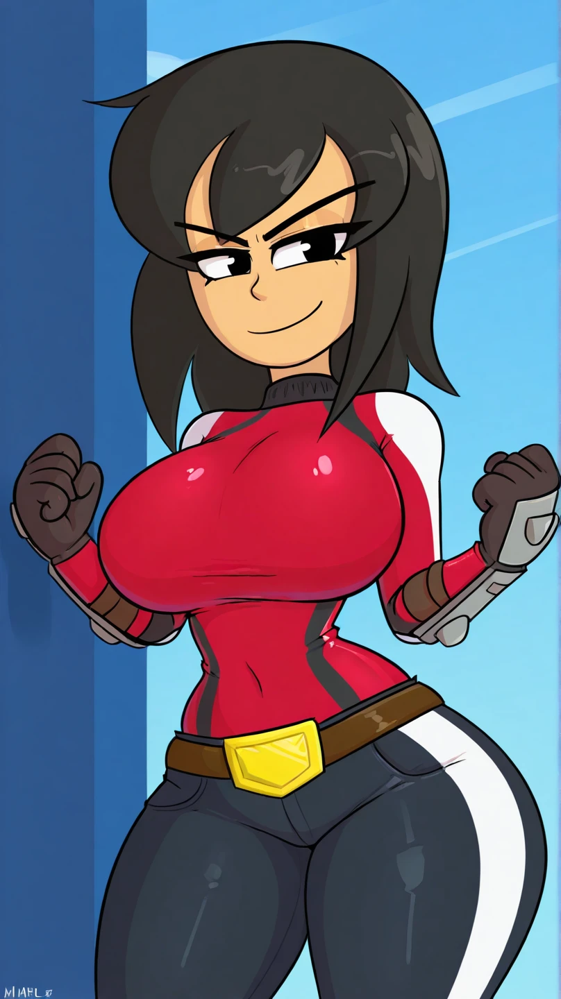 Damian Wayne(aka Robin/Son-of-Batman) transformed into a female bimbo with gigantic breasts with erect nipples and thick lips and is dressed as a French maid.