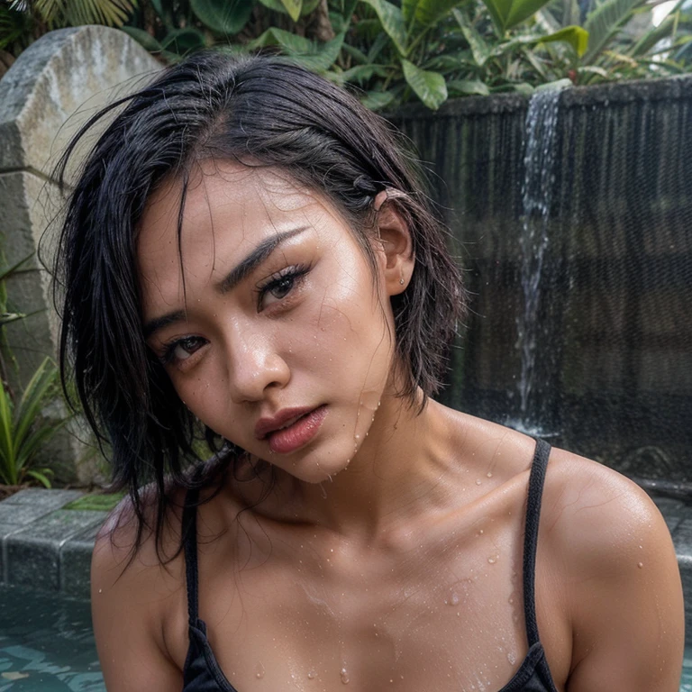 Public bath，take a shower，Long-range shooting，(Original Photography:1.3)，Volleyball Player，1 Girl, Solitary, dark skin, Dark-skinned women, Messy black hair, Sweating，t-shirt, Cleavage，Short skirt，Long legs，sports shoes，Soaked，Standing，Tattoo on the thigh