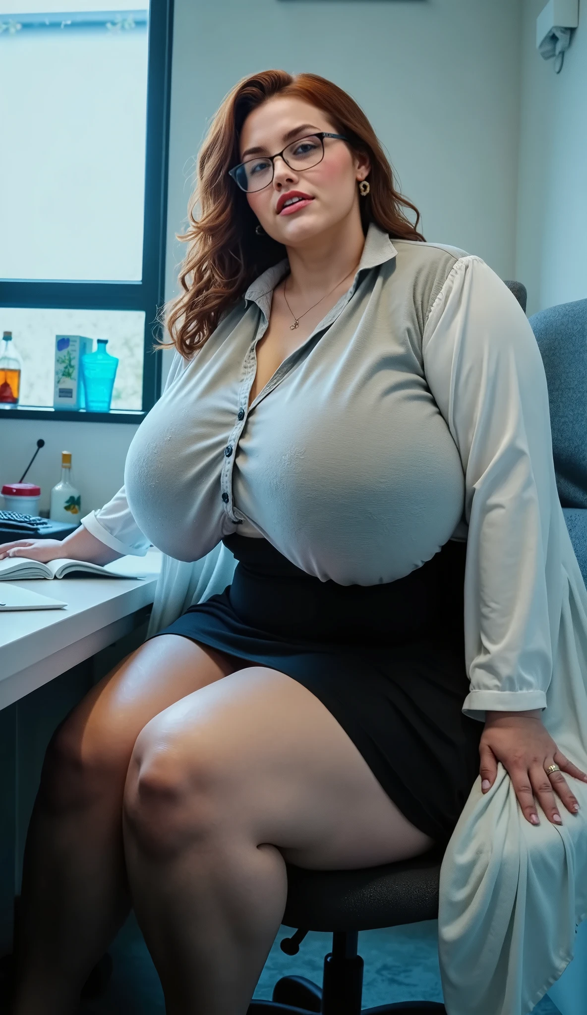 (sit in a train seat:1.5), (Shooting from the air:1.5), (Photo taken from the opposite chair:1.5), (Sit with your knees facing forward:1.5), (Surprised expression:1.6), (Beautiful woman:1.5), (Sit with your knees together:1.5), (Wavy brown hair:1.3), (green seat), (Voluptuous body:1.5), (One big woman), (White blouse:1.4), ((Very huge face bigger breasts:1.95)), (Black Pencil Skirt:1.4), (High heels:1.7), (Panties that are only slightly visible:1.7), (View Photographer), ((Perfect hands and fingers)), (Looking into the camera:1.6), (A seductive gaze:1.5), Big eyes, elegant temperament, Highest quality, Down to the last detail, Perfect Face, Red lipstick, Perfect body, Large Model, Mature Woman, expensive, Leg length, Long eyelashes, Dark eye shadow, Her face is heavily made up, cosmetics, (lipstick: 1.1), (eyeliner: 1.2), mascara, eye shadow, necklace,