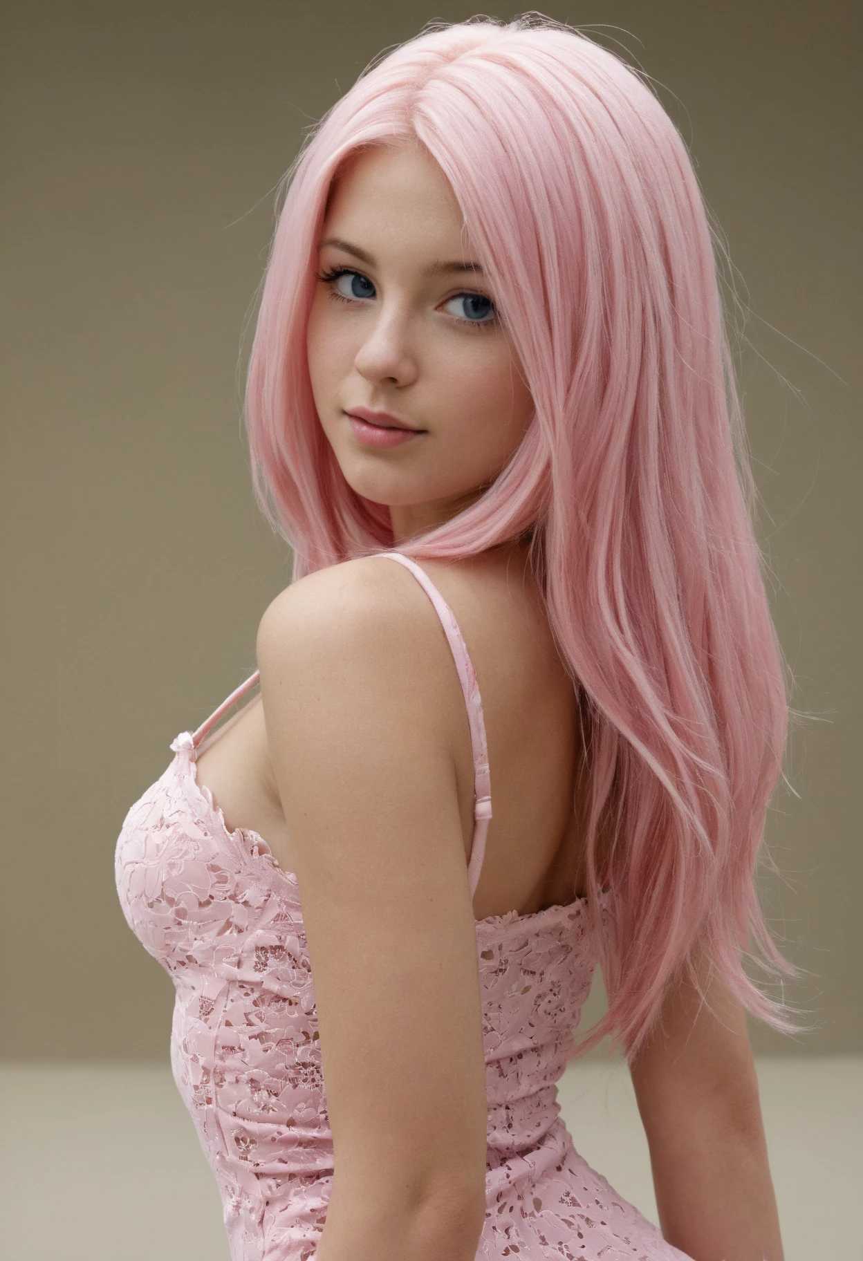 beautiful cute girl, ars old, skinny fit Scandinavian Ukrainian origin, she has a free frontal face, she has an angelic face, long messy pink hair, wet tied back, she has green eyes, her face is light, elegant, highly realistic , pink skin, thick natural shiny lips, natural skin makeup, light smile, feeling of lightness and joy, hyperrealism, very elaborate skin, beautiful and shiny long pink hair