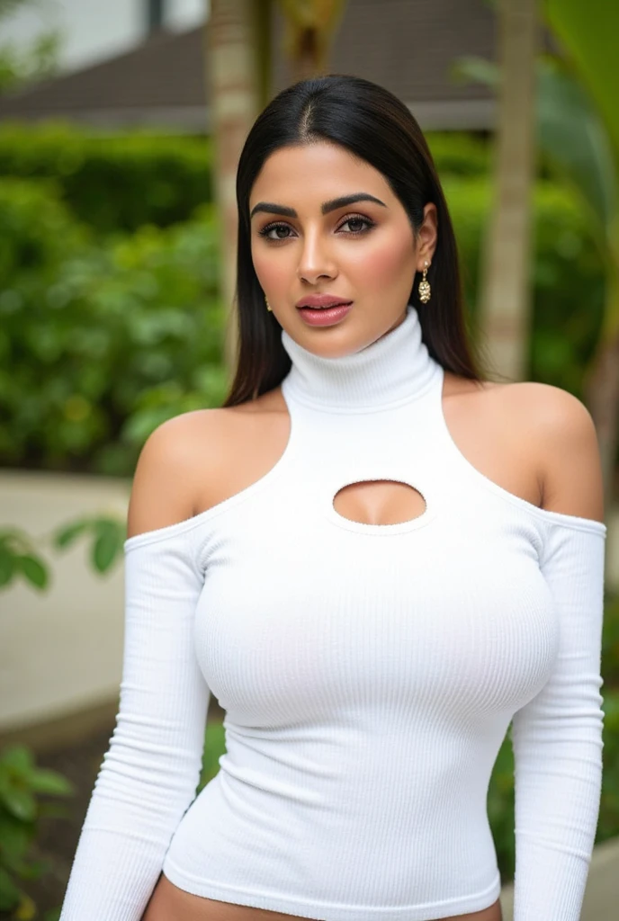 Aishwarya rai as corporate lady, high heels, silver satin formal trousers with off shoulder strapless cowl neck top, athletic curvy figure, open hair, deepcut neckline, huge cleavage show, erotic pose in balcony, day scene, hourglass figure, small breasts, fit, seductive face, look at camera and wink, erotic adult face, 40 yo, soft volumetric lights, intricate details, (ArtStation:1.2)