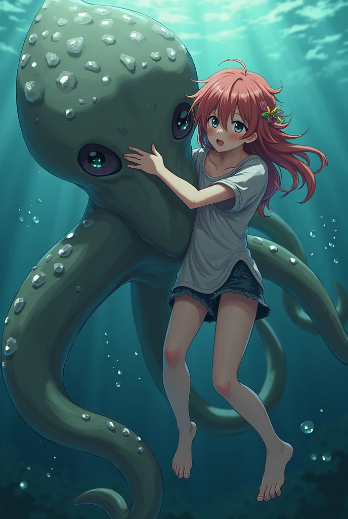 cephalopod, blue tentacles，Com uma faixa vermelha ardente, Chifres de minotauro azul-esverdeados, olhos amarelos brilhantes brilhantes, No telhado do forno, master part, best quality，Pernas de polvo muito longas，Realistic，