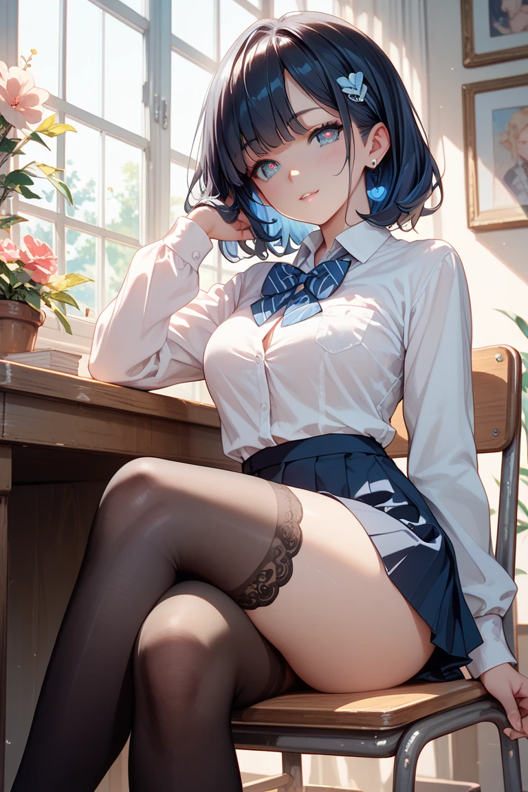 (disorganized:1.4)、(Excellent quality work by Creator God:1.4)、(absolute resolution:1.4)、(A masterpiece from the gods of art and science:1.4)、surrealist works、(Intricate, meticulously detailed and realistic materials and textures and light sources:1.3)、(perfect anatomy:1.2)、(宇宙の創造における圧倒的にばかげたdisorganized(1.3)、 break。 (((cute)):1.3)、Illustration with a girl as the main character。She is wearing the uniform of a famous school with a popular blazer.、Deep gray blazer with white piping、refreshing blue checked skirt。It is drawn to evoke realistic fabrics and textures.、ブレザーのボタンやribbon、skirt pleats etc.、I am very particular about details.。 break 視聴者を見て、((perfect pixel、8k wallpaper))、one girl、single、very beautiful、born talented actress、 Reincarnation of Aphrodite as the goddess of beauty、Immeasurable beauty、super detailed skin、Super exquisite skin、 break ピンクの可愛い部屋、pink gothic room、messy room、Marchen、macaroons、candy、heart item、ribbon、Star Items、small window、(Miscellaneous goods are scattered:1.3)、dressers、Antima Cassar、 break (Pose to seduce a man:1.3)、(fascinating genius:1.5)、(Best lighting by famous artists:1.2)、8K、((Guidance on how to perform captivating poses by famous masters:1.6))、((Spread your thighs from side to side:1.15))、 ((Depth of bounds written:1.5))、A fantastic light source that looks like particles、background blur、tilt your head、observe from behind、see someone、look back、supple torso、 break 、one length bob、make bangs、Add brightness around the face、Makes the ends of the hair thicker throughout。dark blue purple hair