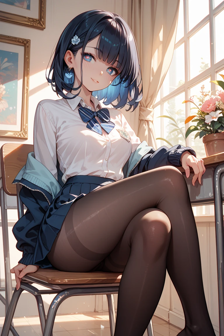finest, masterpiece, High resolution, (whole body), front, symmetry, Mature Schoolgirl, alone, (whole body from head to toe), small breasts, long hair, slightly messy hair, (black tights), ( (black pantyhose), black pantyhose, composition show me your white panties, slender beautiful foot, very beautiful 17 year old girl (not wearing shoes) foot), blush, shy big eyes, messy hair, looking at camera, show me your white panties, White ruffled lingerie, high school uniform blazer, high school uniform white blouse, High school uniform with blue ribbon, High school uniform with short plaid pattern and navy pleated skirt