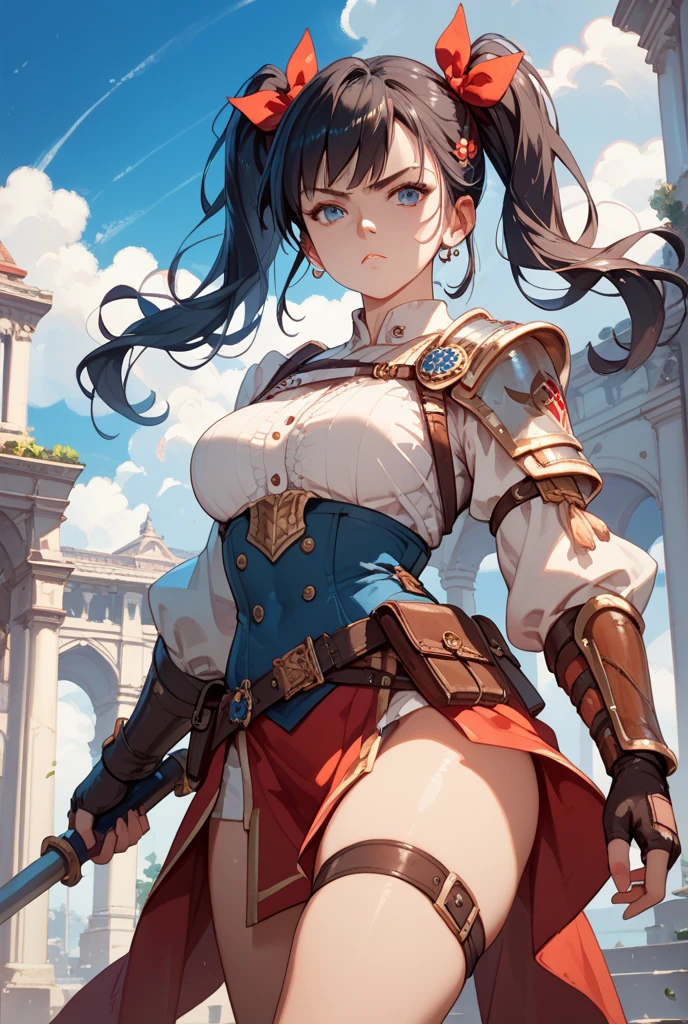 Solo, Kassandra (from assassin's creed oyssey, 1female, stron, toned abs, brown hair with side braids, brown eyes, light brown skin, Greek) wearing a one-piece armor, shoulders showing, swinging a giant sword, bats flying, night, ancient greece. ((masterpiece), best quality, ultra high resolution)