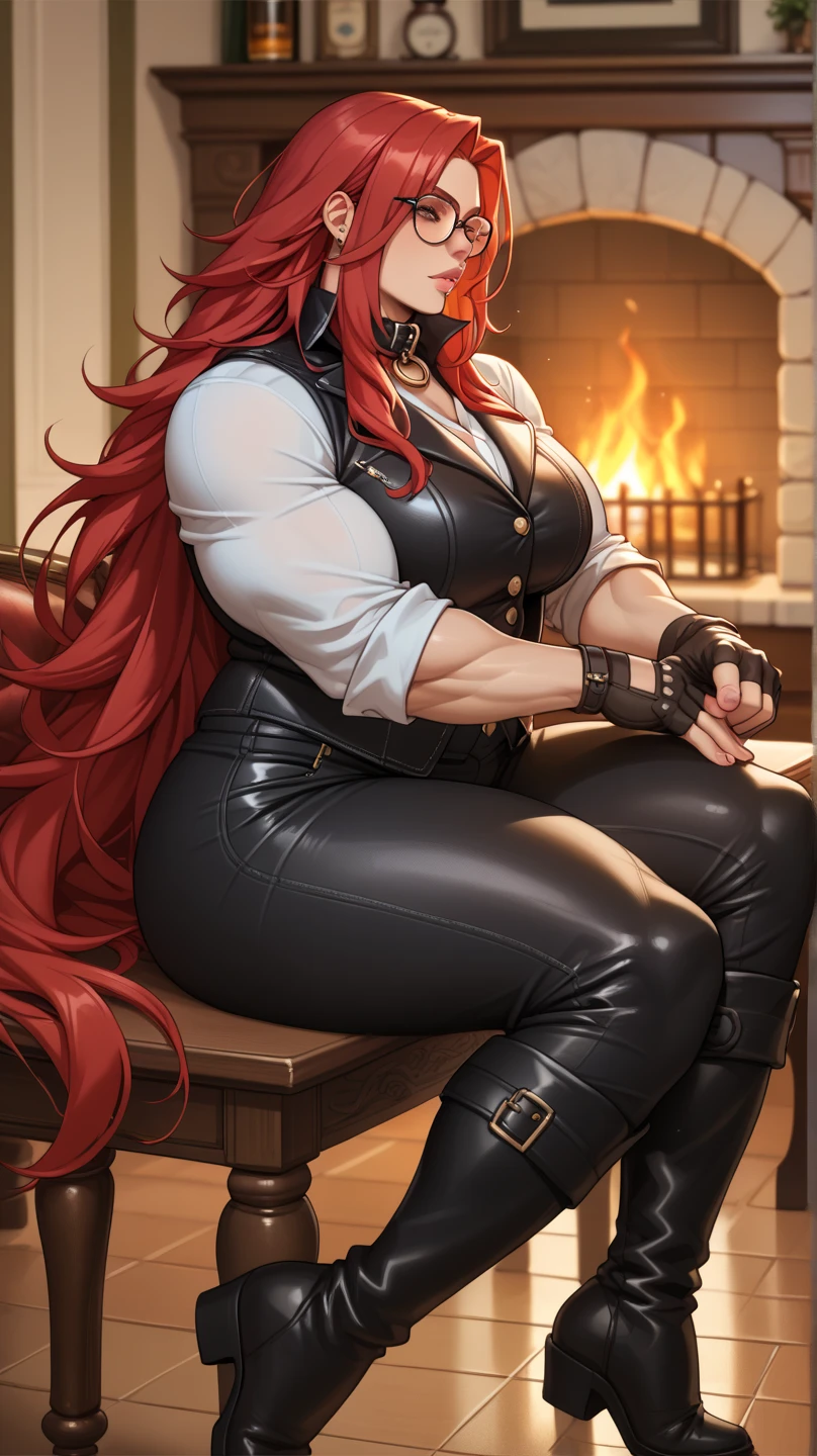 from below, Mommy mearest, purple skin, arch forward, legs apart, curvy hips, hipline, black sclera, red glowing pupils and long auburn hair with several pointed ends and a curved cowlick, red fitting dress, jewelry, black jacket, black thigh boots, garter straps, malicious grin, big lips, holding a microphone, busty, thicc, sweaty, steamy, thin waist, huge prortuding glute, big thighs, wide hips, lean low, highly detailed, solo, reflecting sun rays, shadows, perfect eyes, photorealistic,<lora:gigass:0.8> <lora:MotherMearest:0.8>